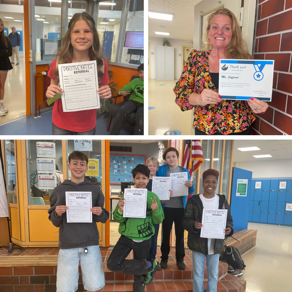 students and secretary holding awards