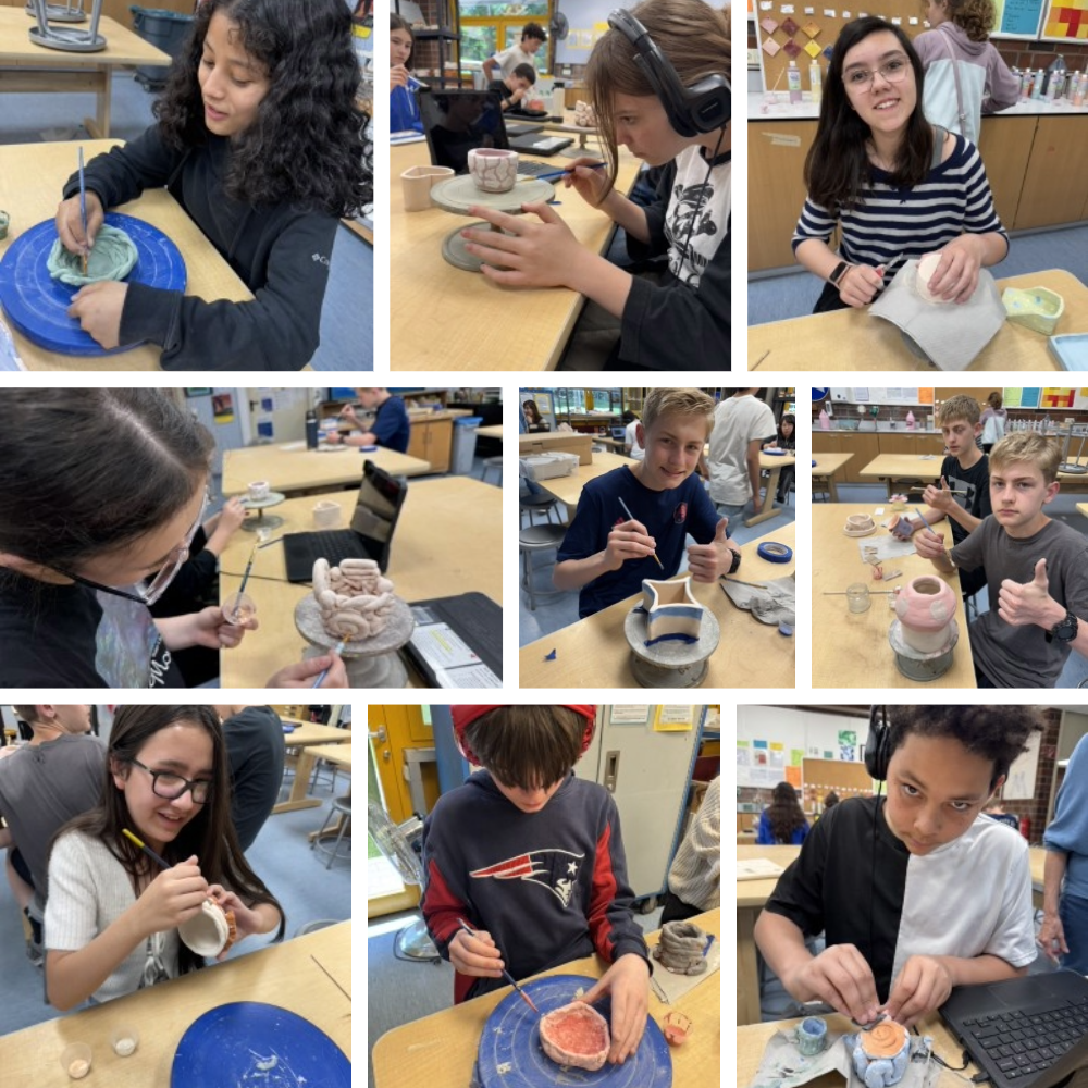 students working on pottery